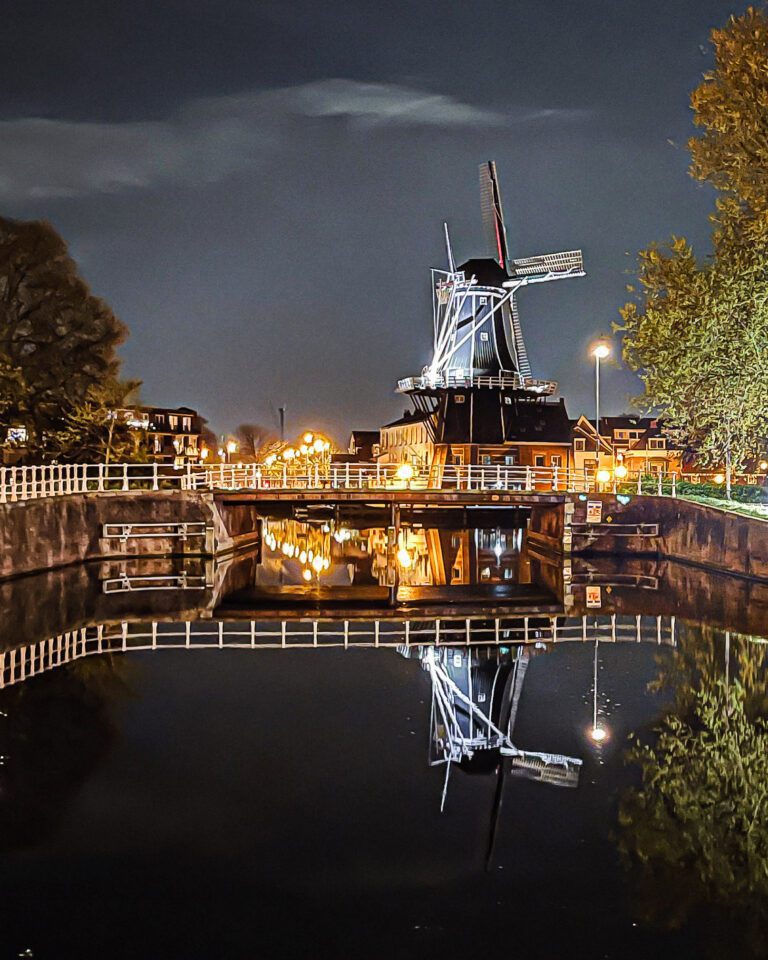 Night time windmills in Haarle in the Netherlands