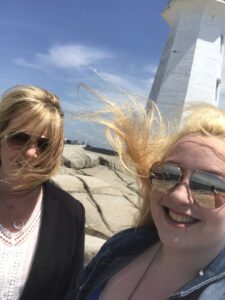 Getting blown by the wind in Peggy's Cove in Nova Scotia